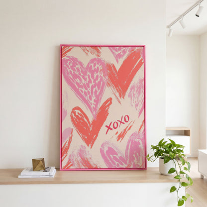 XOXO Pink Heart Canvas Print in pink floating frame