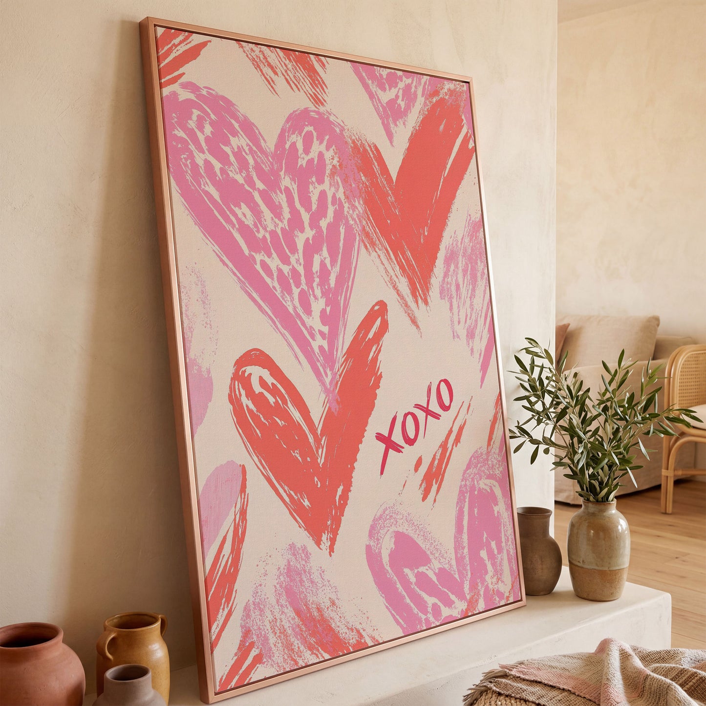 XOXO Pink Heart Canvas Print in rose gold floating frame