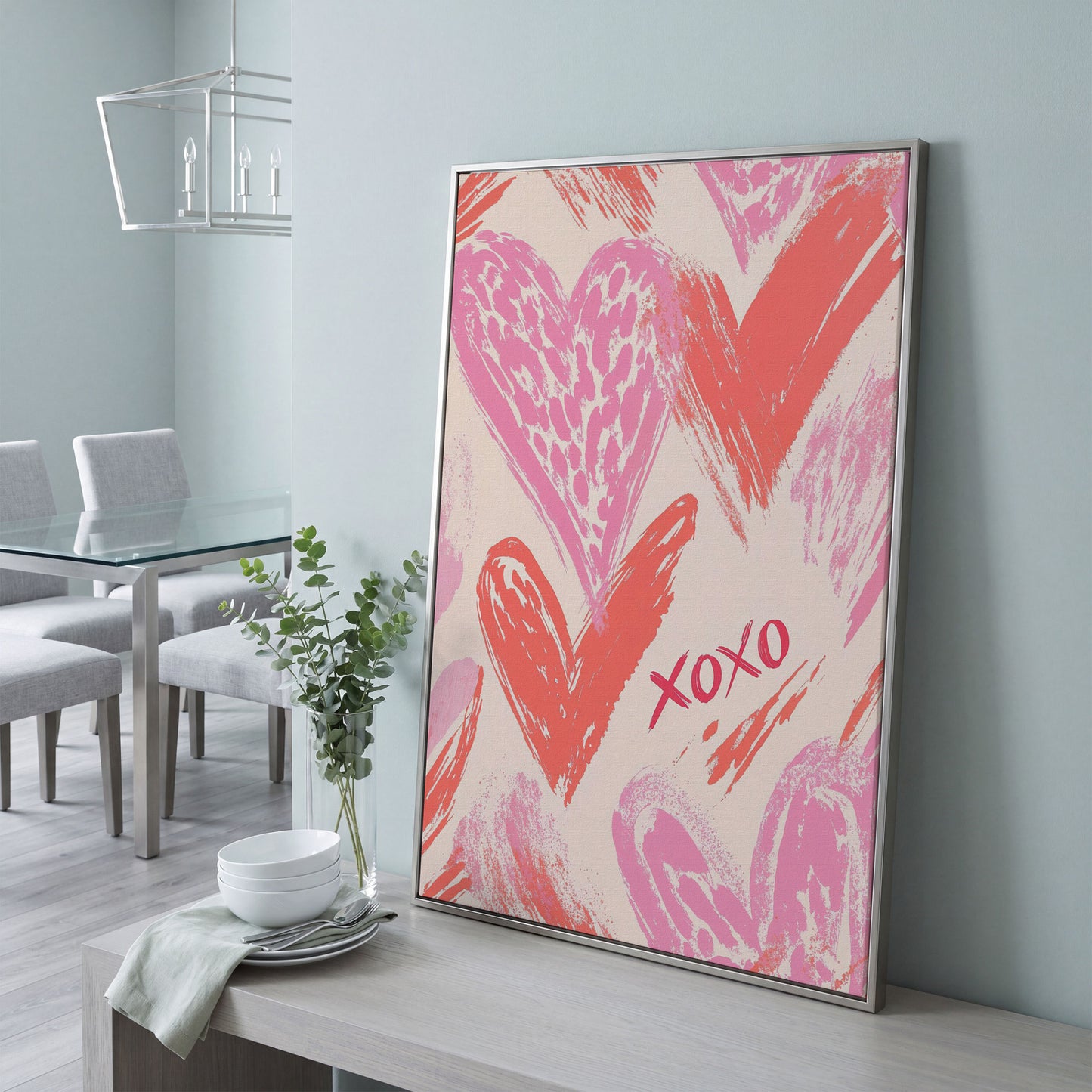 XOXO Pink Heart Canvas Print in silver floating frame