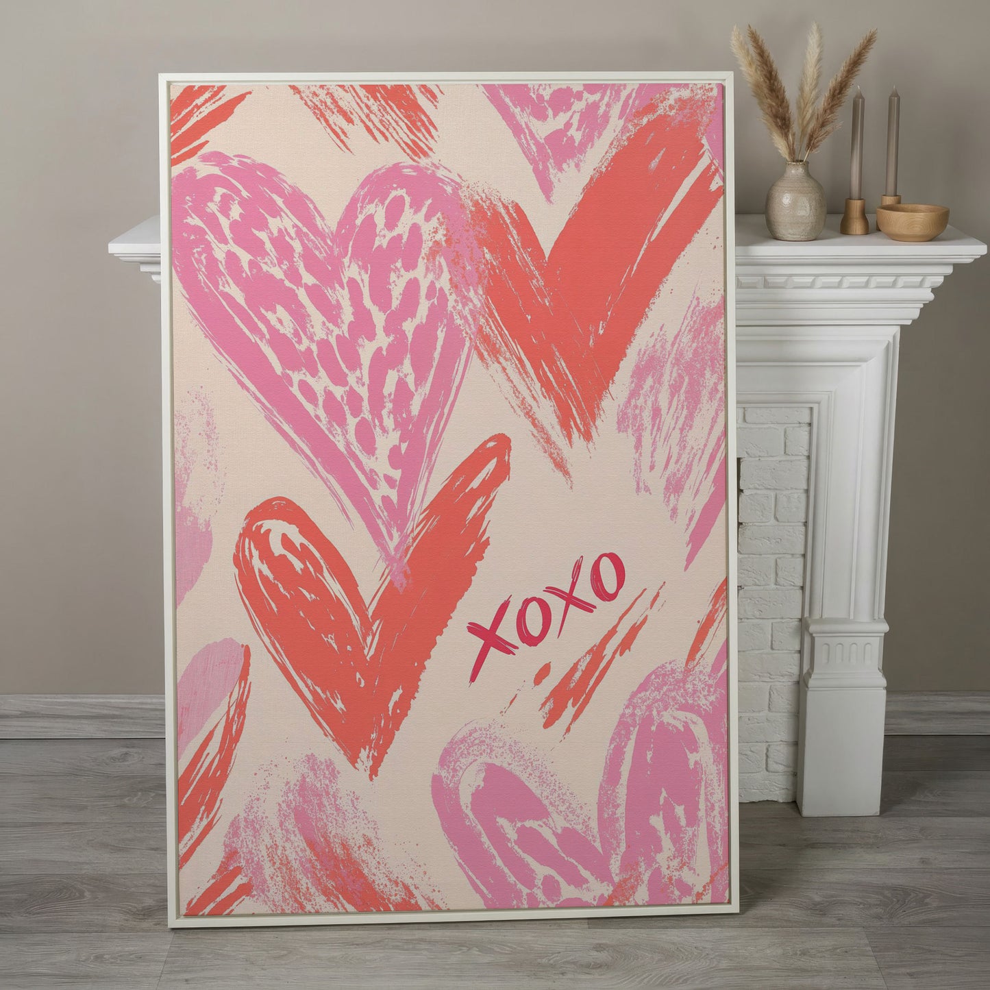 XOXO Pink Heart Canvas Print in white floating frame
