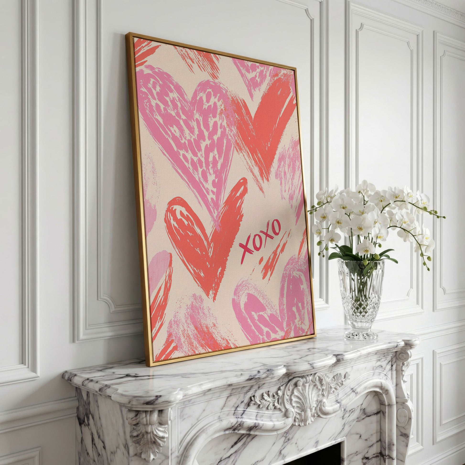 XOXO Pink Heart Canvas Print in yellow gold floating frame