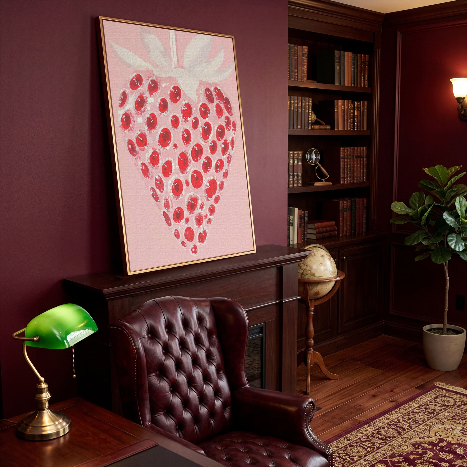 Abstract Strawberry Canvas Print in Blush and Crimson in antique gold floating frame