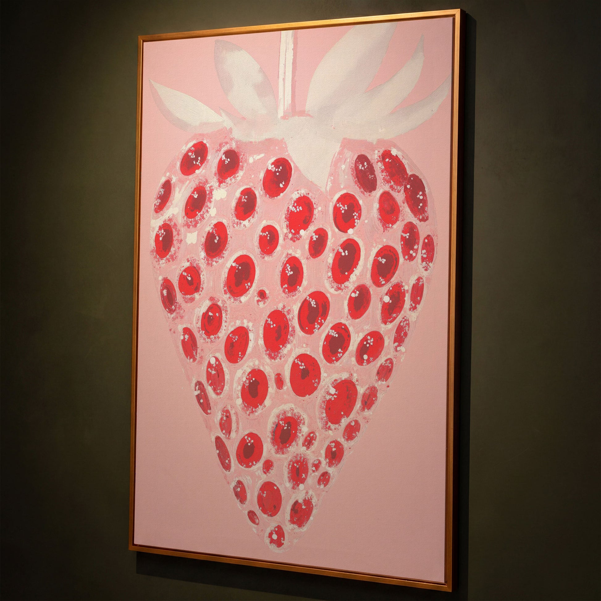 Abstract Strawberry Canvas Print in Blush and Crimson shown in antique gold floating frame