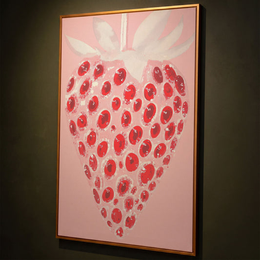 Abstract Strawberry Canvas Print in Blush and Crimson shown in antique gold floating frame