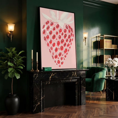 Abstract Strawberry Canvas Print in Blush and Crimson in black floating frame