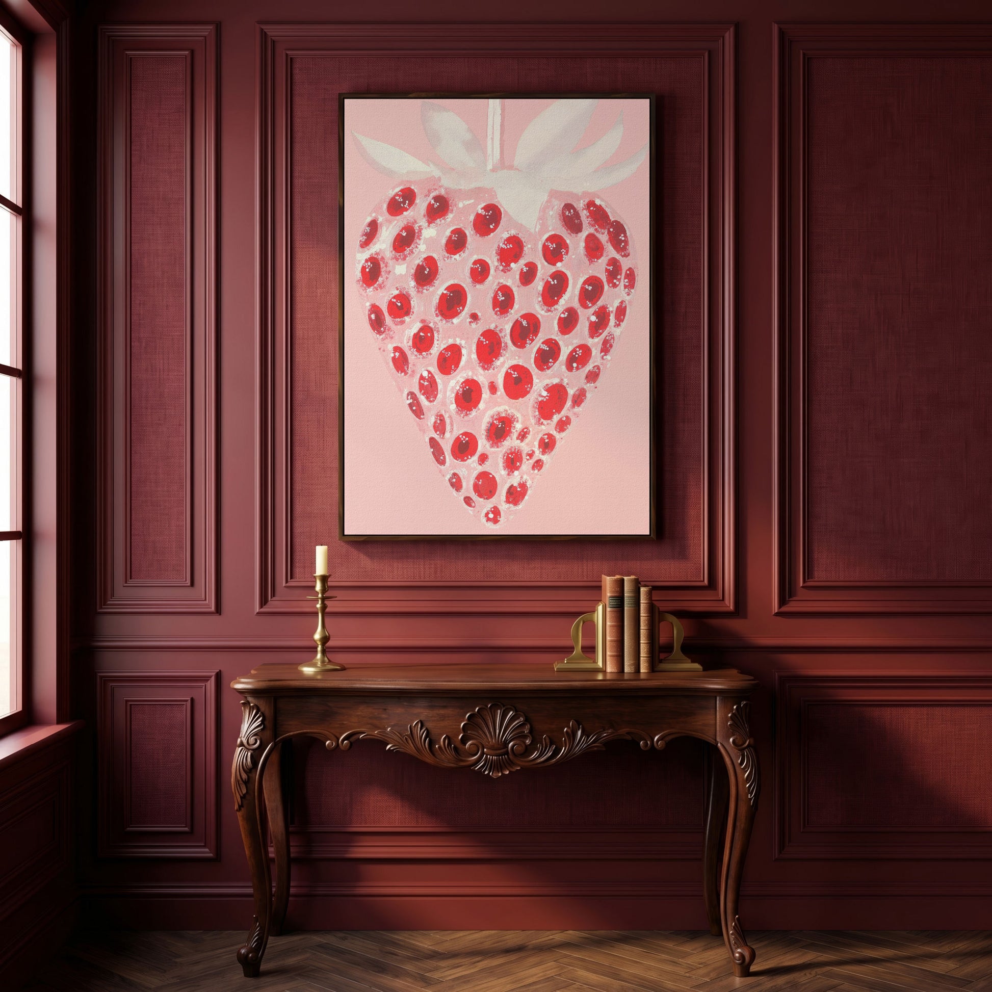 Abstract Strawberry Canvas Print in Blush and Crimson in dark walnut floating frame