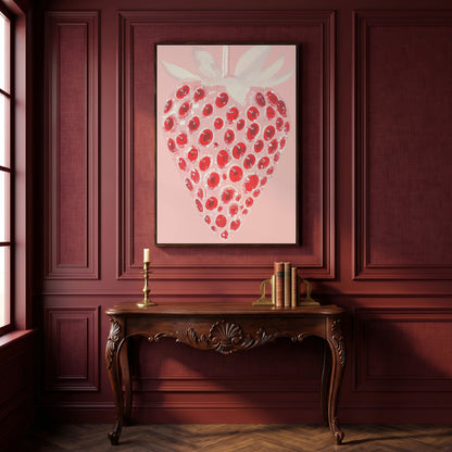 Abstract Strawberry Canvas Print in Blush and Crimson in dark walnut floating frame