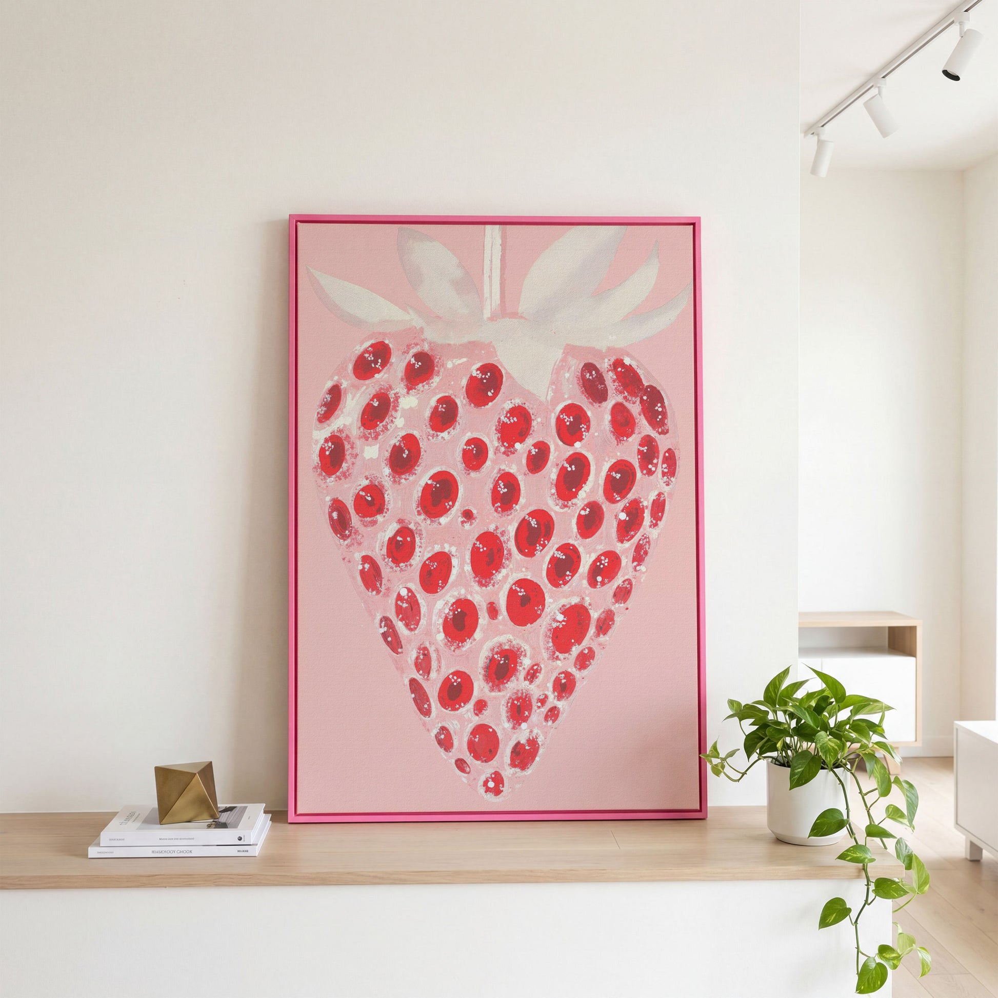 Abstract Strawberry Canvas Print in Blush and Crimson in pink floating frame