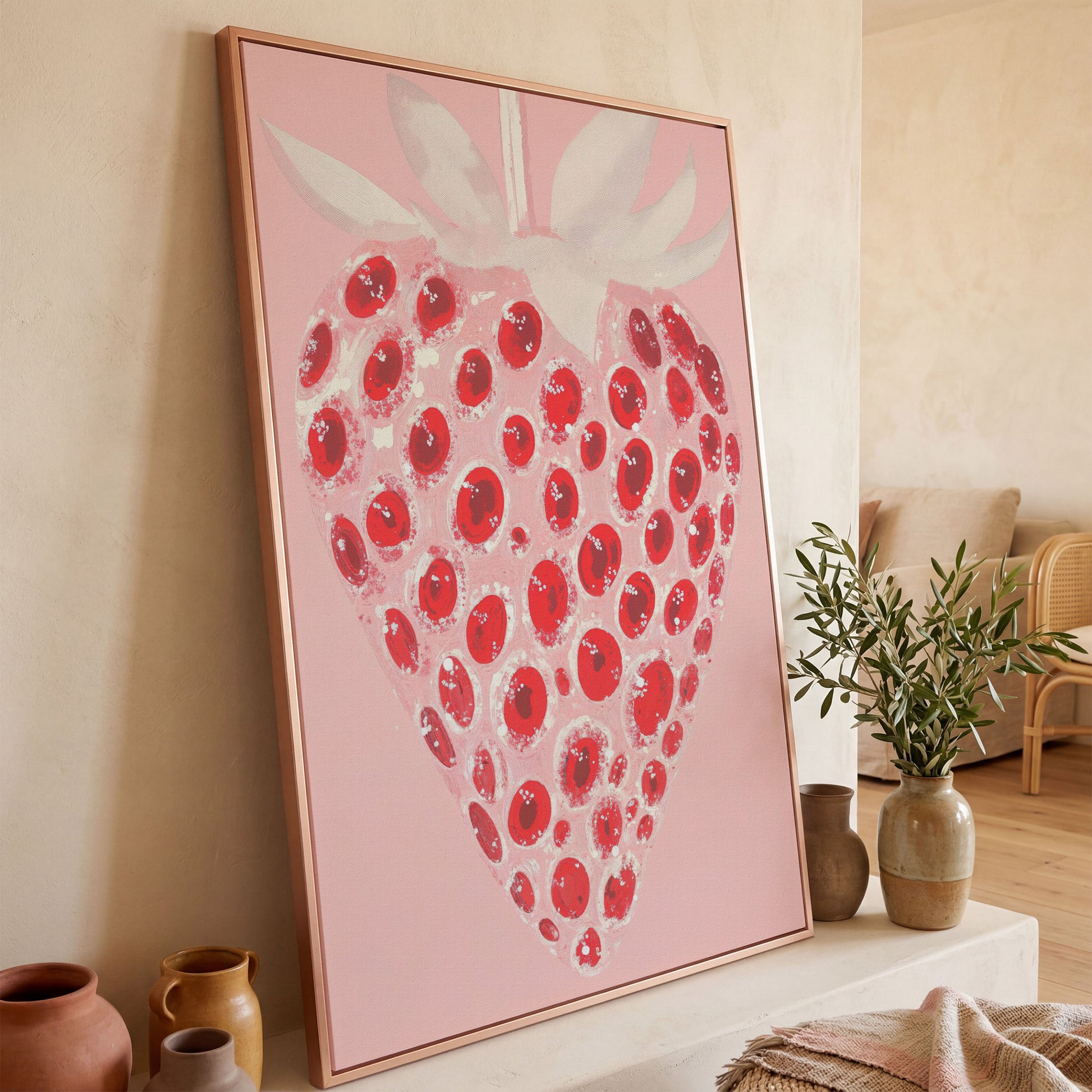 Abstract Strawberry Canvas Print in Blush and Crimson in rose gold floating frame