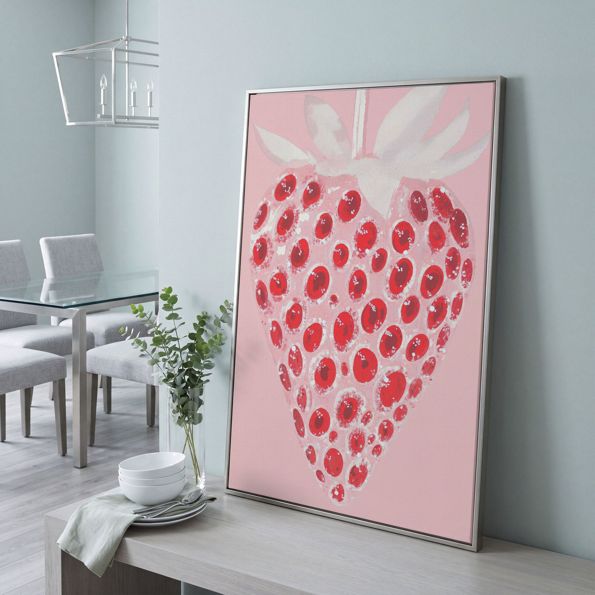 Abstract Strawberry Canvas Print in Blush and Crimson in silver floating frame