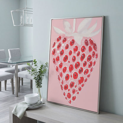 Abstract Strawberry Canvas Print in Blush and Crimson in silver floating frame