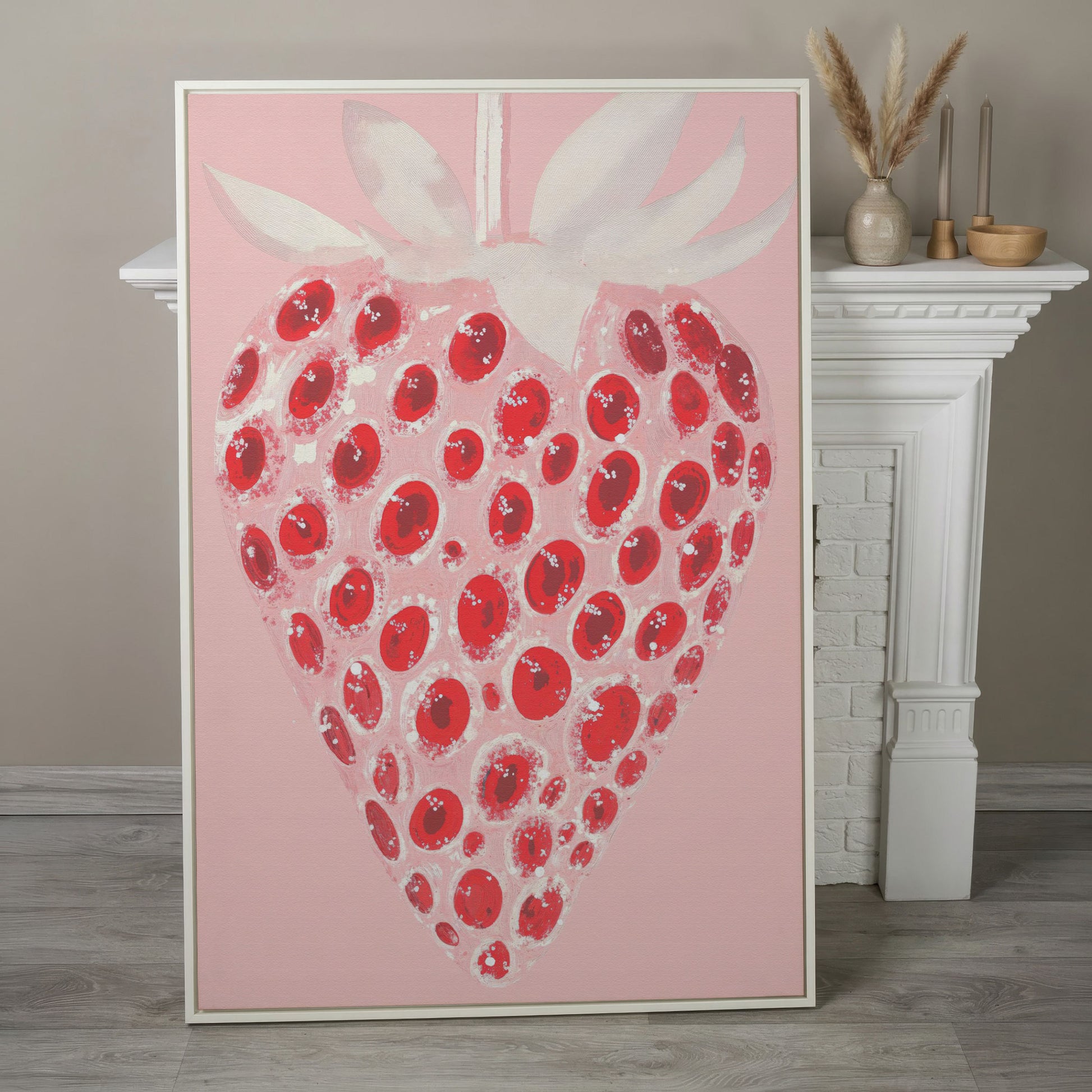 Abstract Strawberry Canvas Print in Blush and Crimson in white floating frame