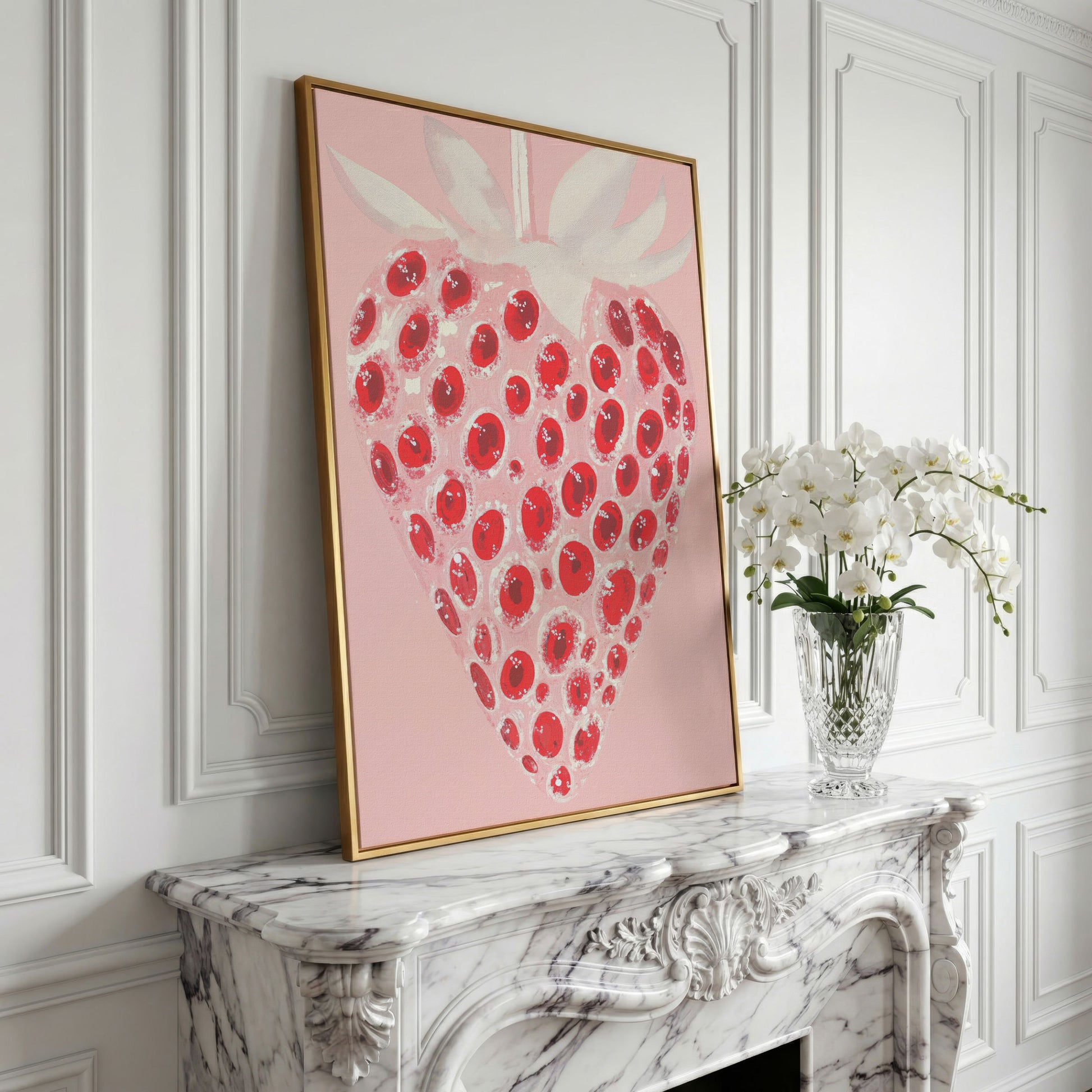 Abstract Strawberry Canvas Print in Blush and Crimson in yellow gold floating frame
