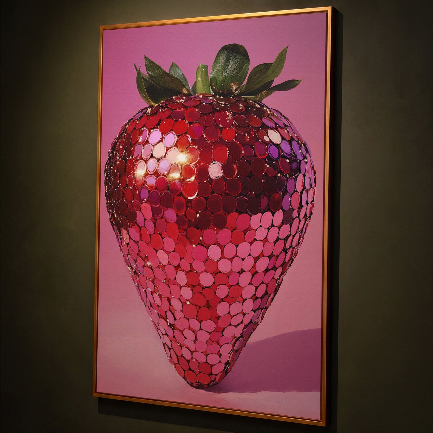 Vibrant Strawberry Pop Art Canvas shown in antique gold floating frame
