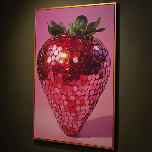 Vibrant Strawberry Pop Art Canvas shown in antique gold floating frame