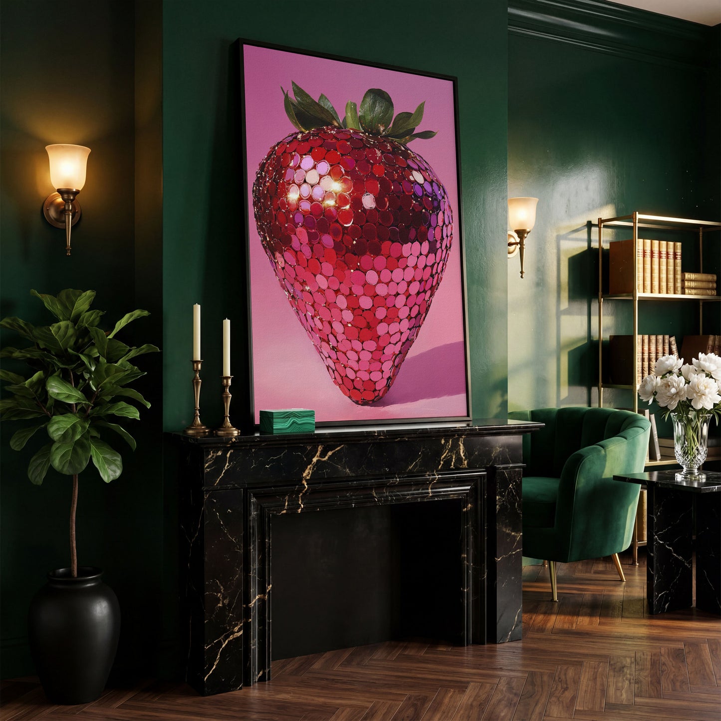 Vibrant Strawberry Pop Art Canvas in black floating frame