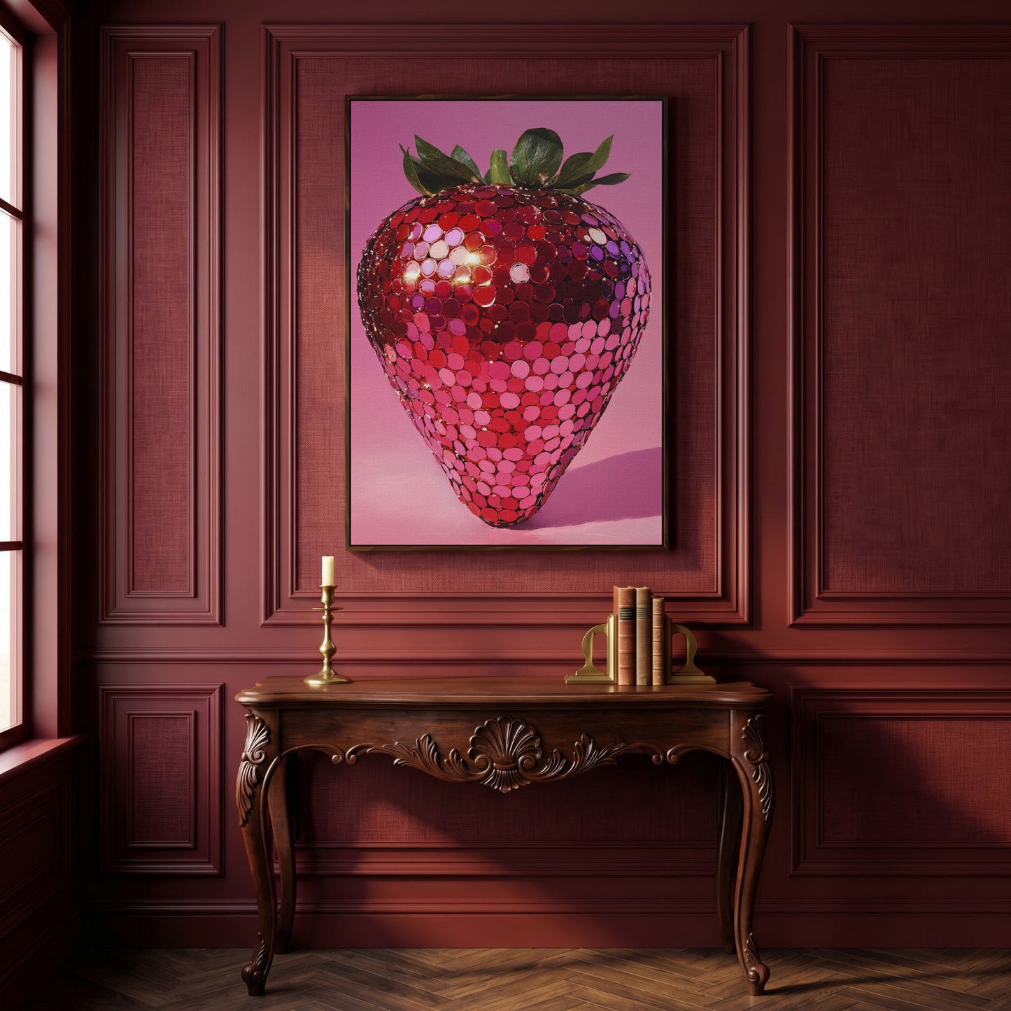 Vibrant Strawberry Pop Art Canvas in dark walnut floating frame