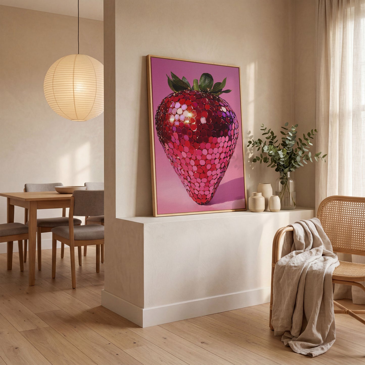Vibrant Strawberry Pop Art Canvas in white oak floating frame