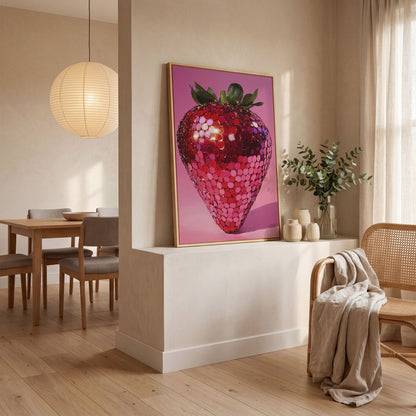 Vibrant Strawberry Pop Art Canvas in white oak floating frame