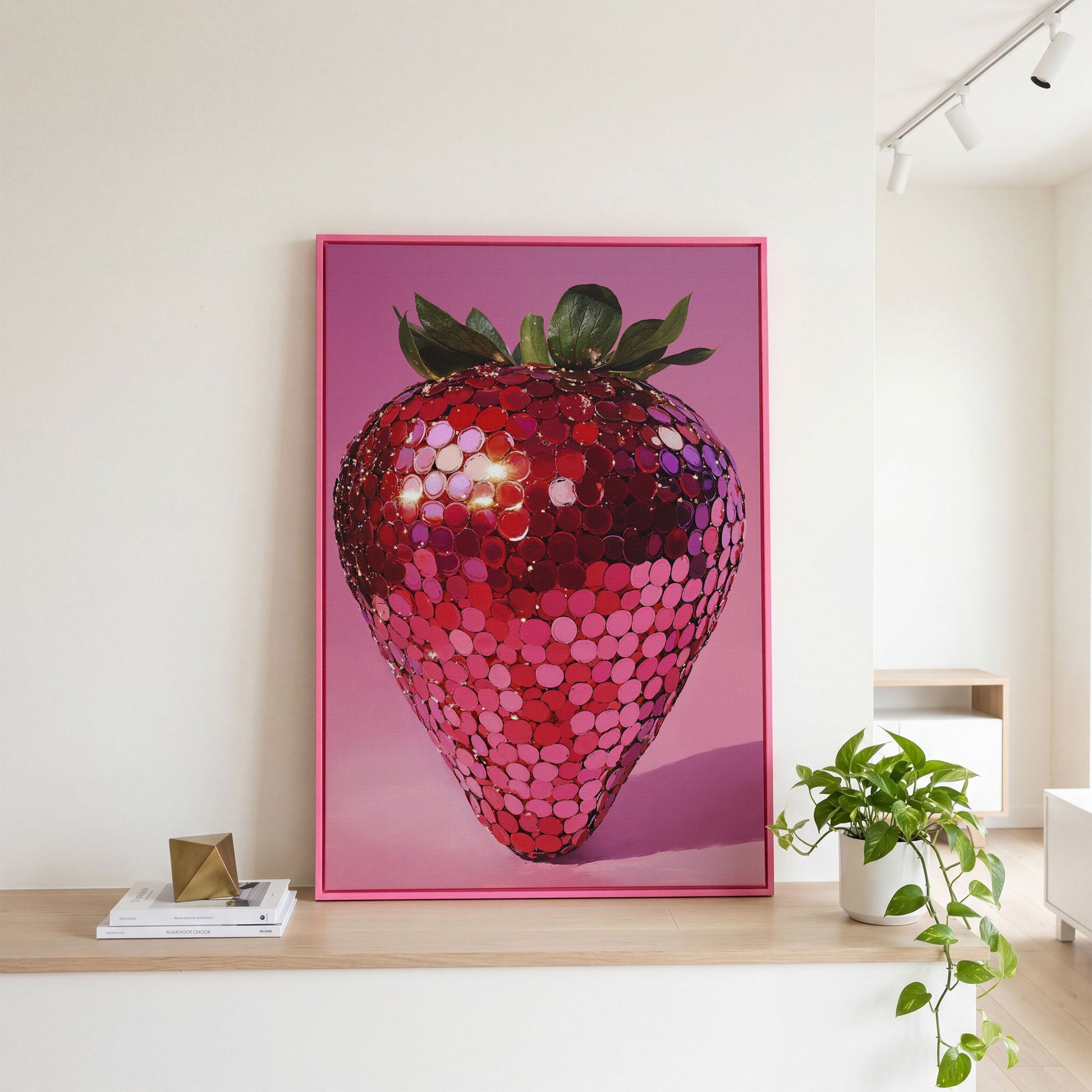 Vibrant Strawberry Pop Art Canvas in pink floating frame