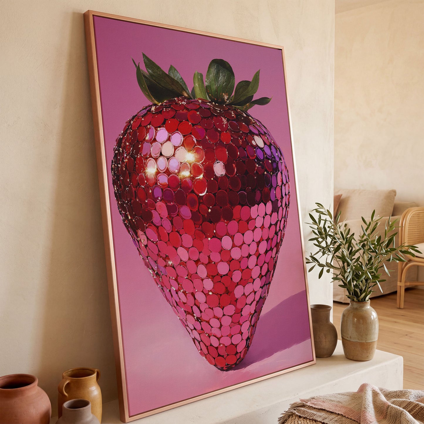 Vibrant Strawberry Pop Art Canvas in rose gold floating frame