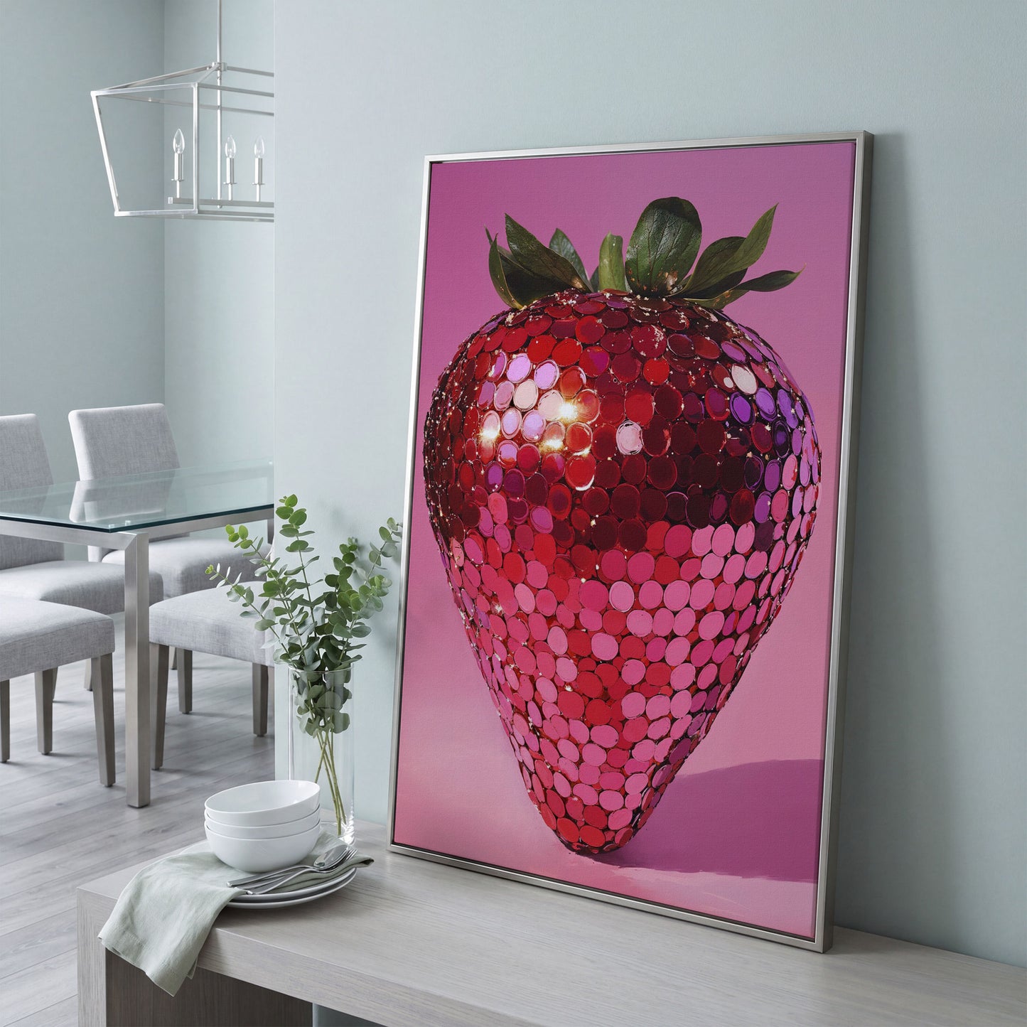 Vibrant Strawberry Pop Art Canvas in silver floating frame
