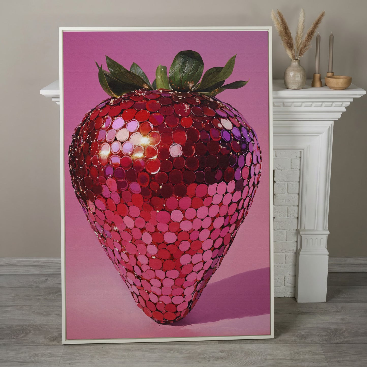 Vibrant Strawberry Pop Art Canvas in white floating frame