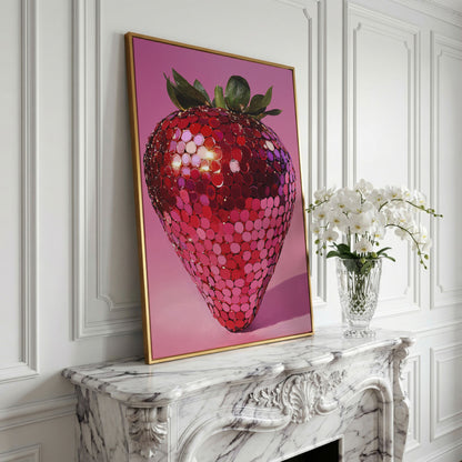 Vibrant Strawberry Pop Art Canvas in yellow gold floating frame