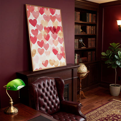 Pink Hearts Canvas Print with Layered Pattern in antique gold floating frame