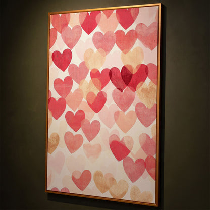Pink Hearts Canvas Print with Layered Pattern shown in antique gold floating frame