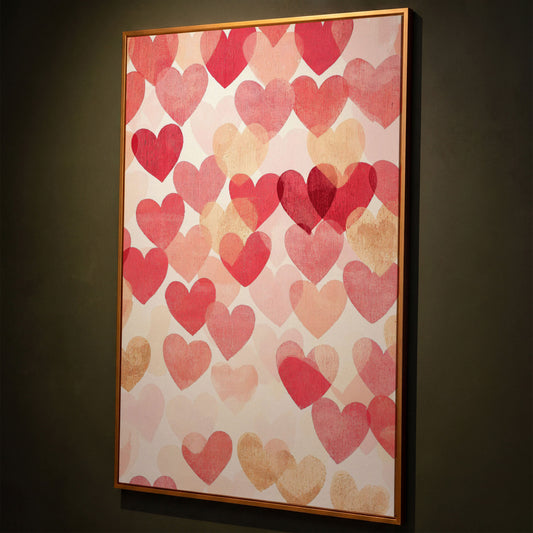 Pink Hearts Canvas Print with Layered Pattern shown in antique gold floating frame