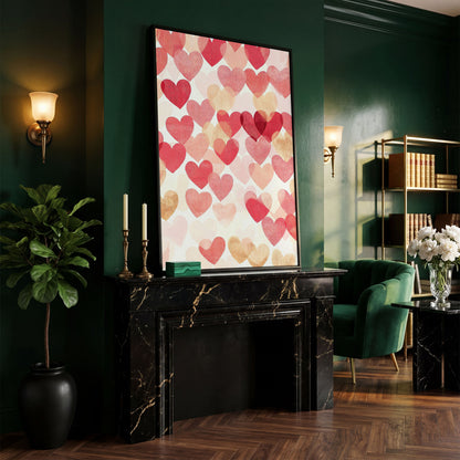 Pink Hearts Canvas Print with Layered Pattern in black floating frame
