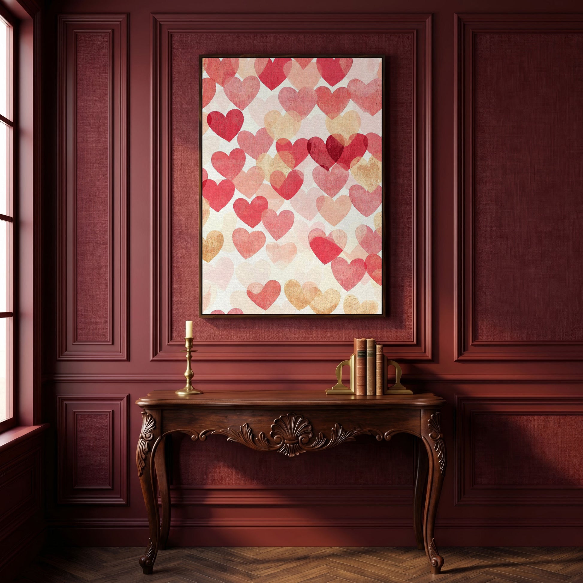 Pink Hearts Canvas Print with Layered Pattern in dark walnut floating frame