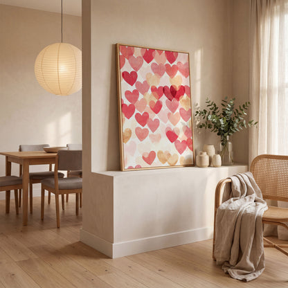 Pink Hearts Canvas Print with Layered Pattern in white oak floating frame