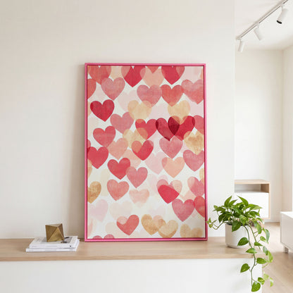 Pink Hearts Canvas Print with Layered Pattern in pink floating frame