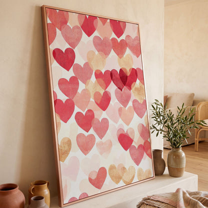 Pink Hearts Canvas Print with Layered Pattern in rose gold floating frame