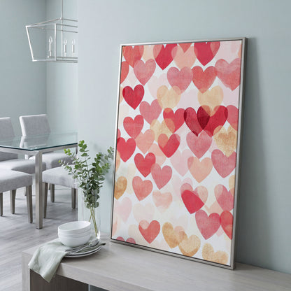 Pink Hearts Canvas Print with Layered Pattern in silver floating frame