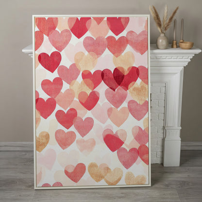 Pink Hearts Canvas Print with Layered Pattern in white floating frame