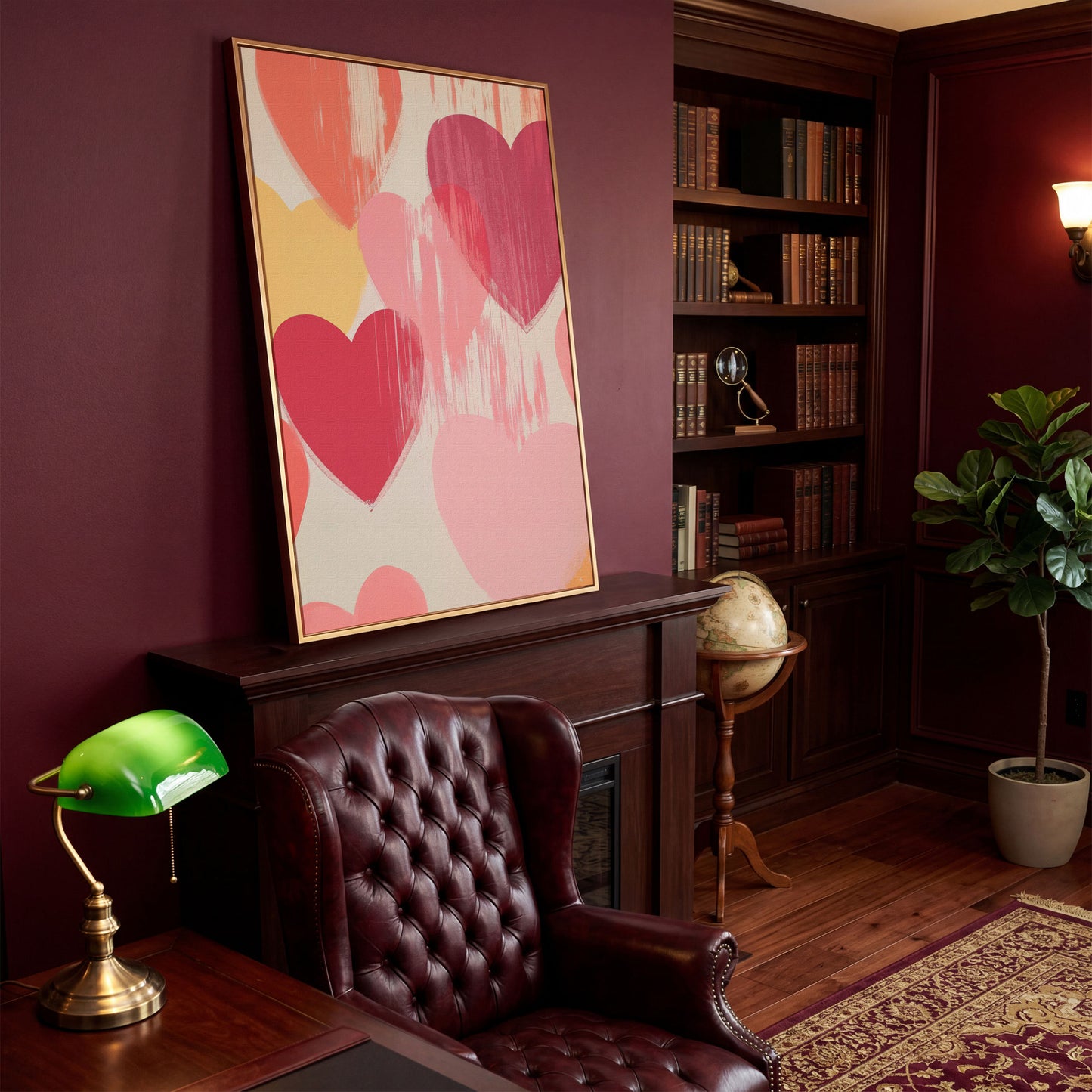 Pastel Hearts Canvas Print in Blush, Salmon & Gold in antique gold floating frame