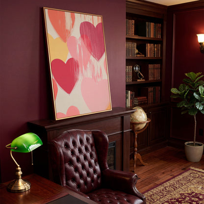 Pastel Hearts Canvas Print in Blush, Salmon & Gold in antique gold floating frame
