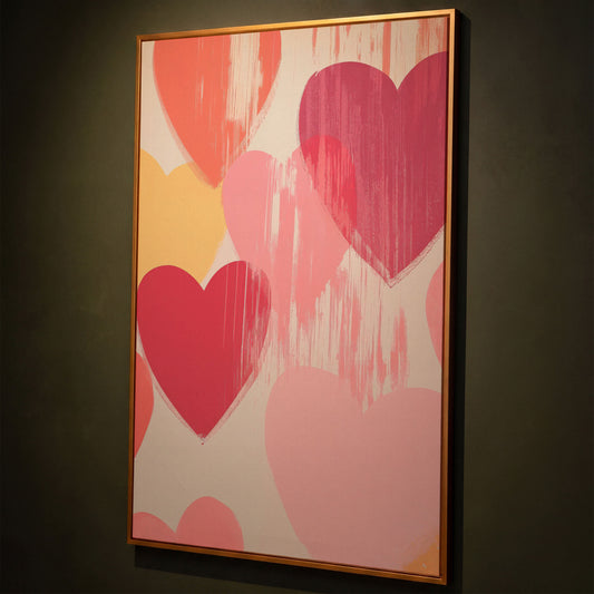 Pastel Hearts Canvas Print in Blush, Salmon & Gold shown in antique gold floating frame