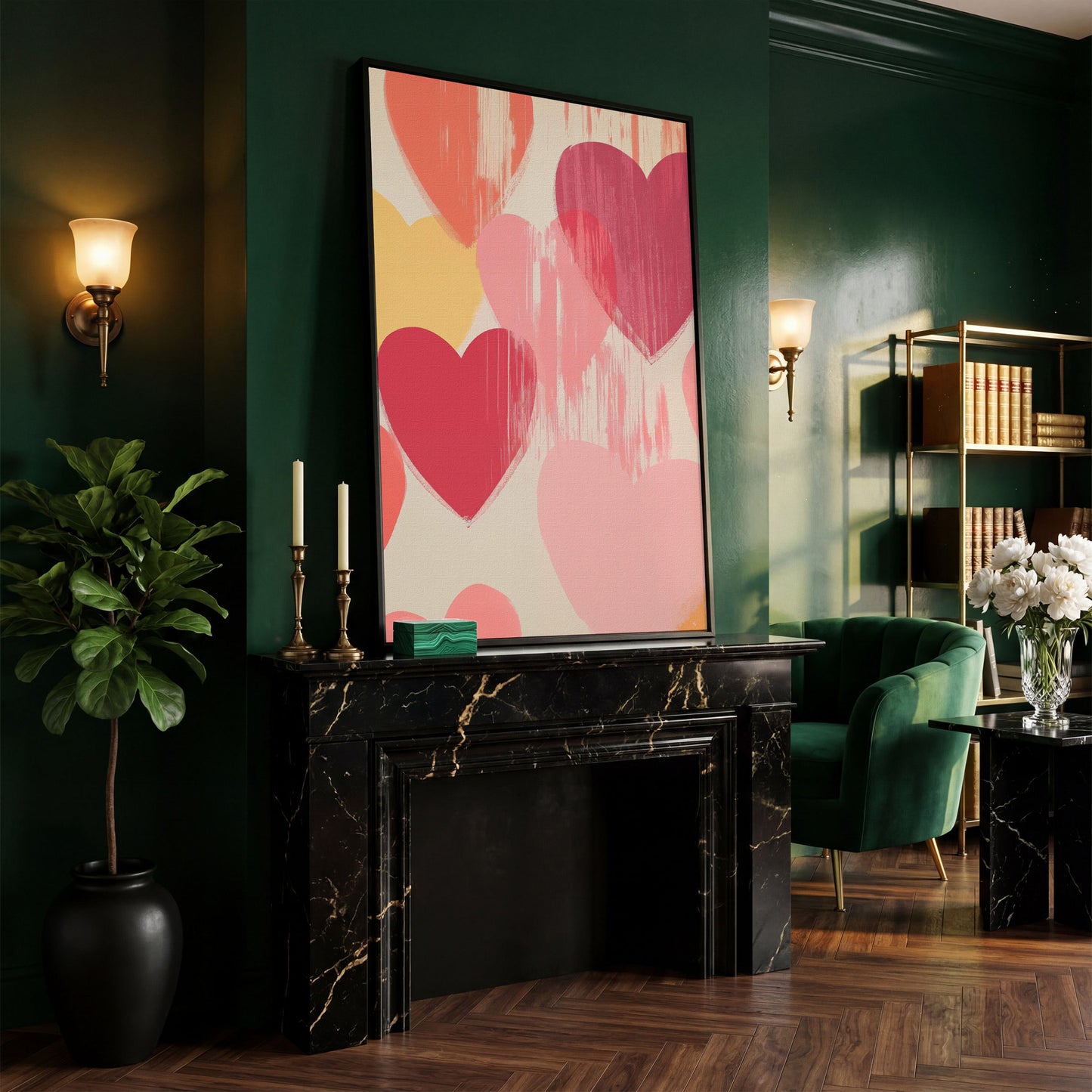 Pastel Hearts Canvas Print in Blush, Salmon & Gold in black floating frame