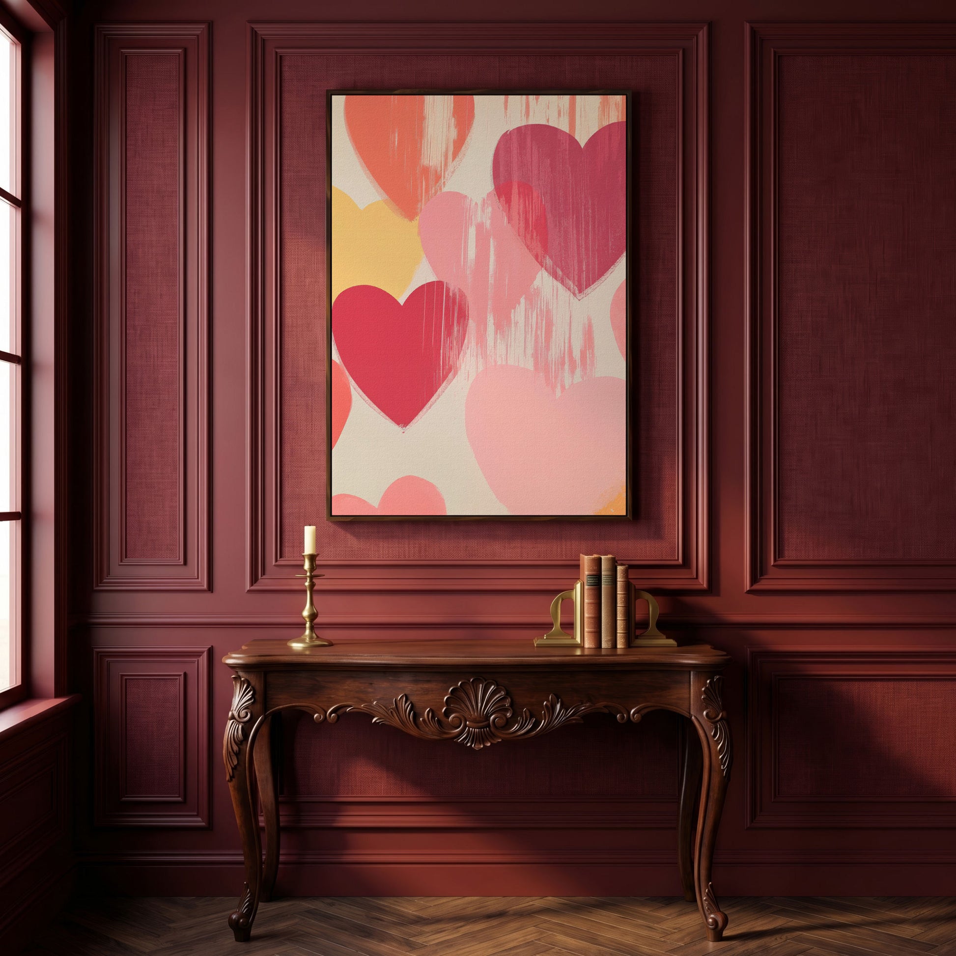 Pastel Hearts Canvas Print in Blush, Salmon & Gold in dark walnut floating frame