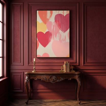 Pastel Hearts Canvas Print in Blush, Salmon & Gold in dark walnut floating frame