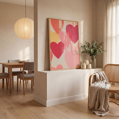 Pastel Hearts Canvas Print in Blush, Salmon & Gold in white oak floating frame