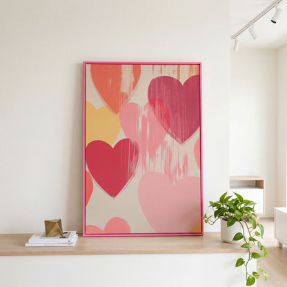 Pastel Hearts Canvas Print in Blush, Salmon & Gold in pink floating frame