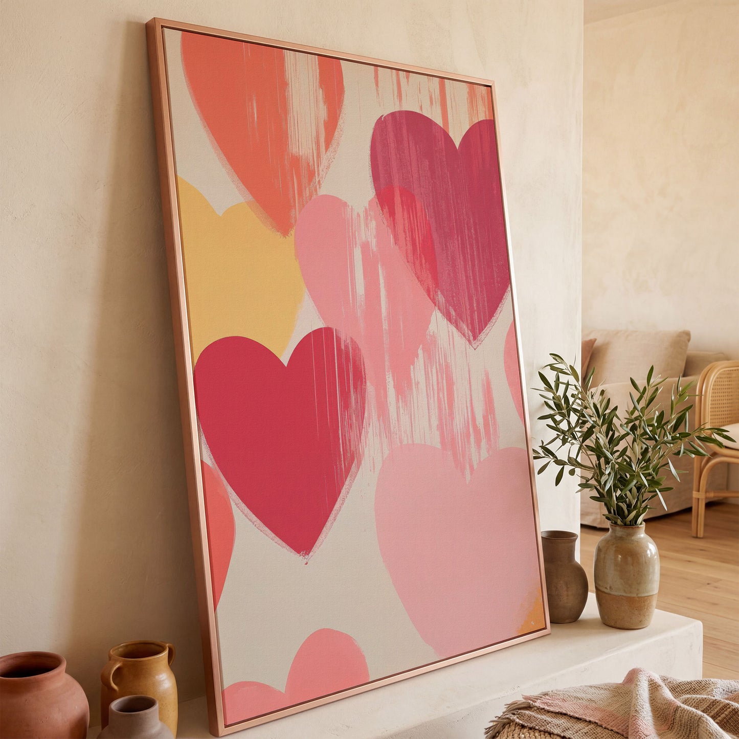 Pastel Hearts Canvas Print in Blush, Salmon & Gold in rose gold floating frame