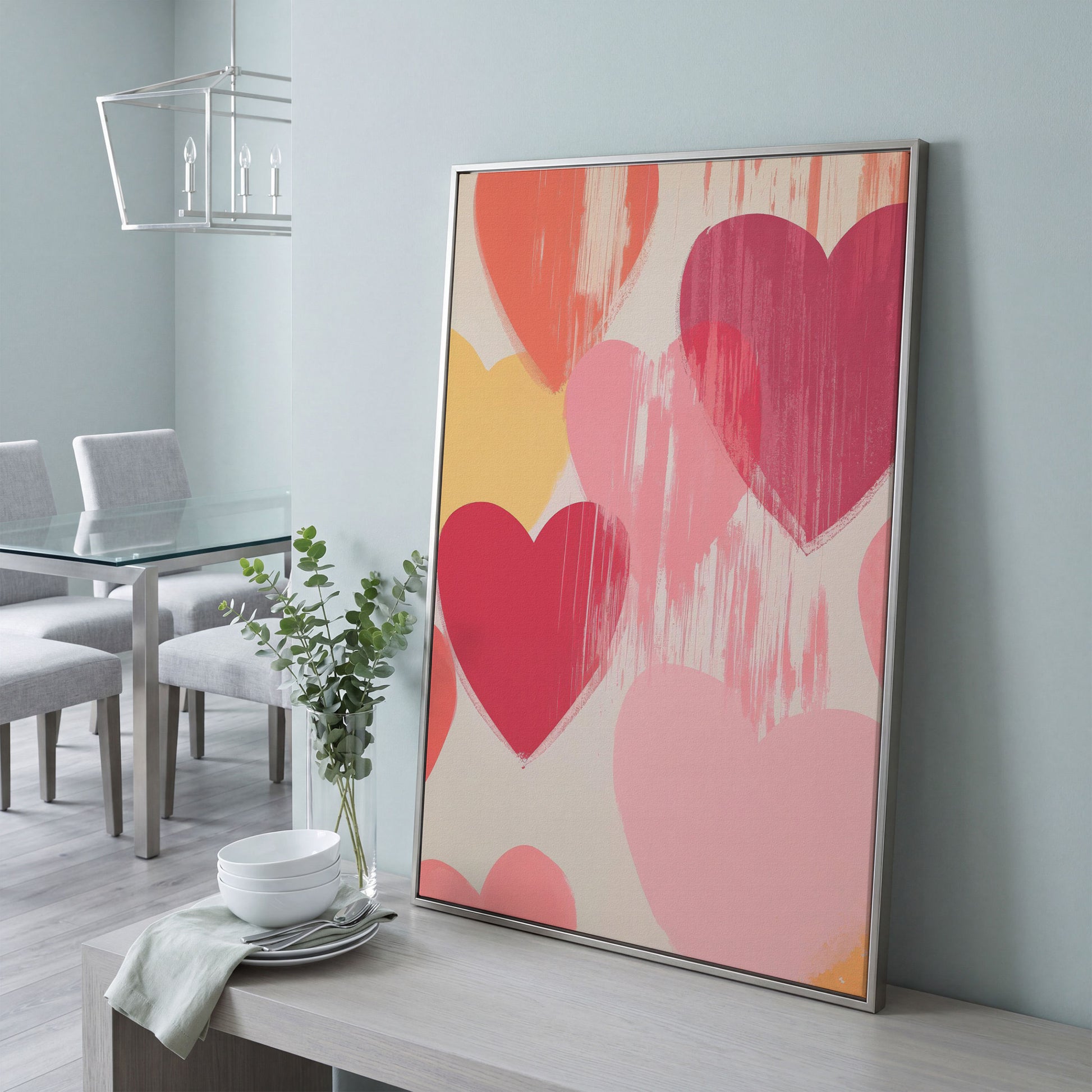 Pastel Hearts Canvas Print in Blush, Salmon & Gold in silver floating frame