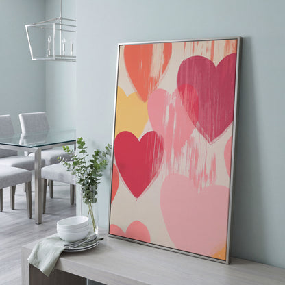 Pastel Hearts Canvas Print in Blush, Salmon & Gold in silver floating frame