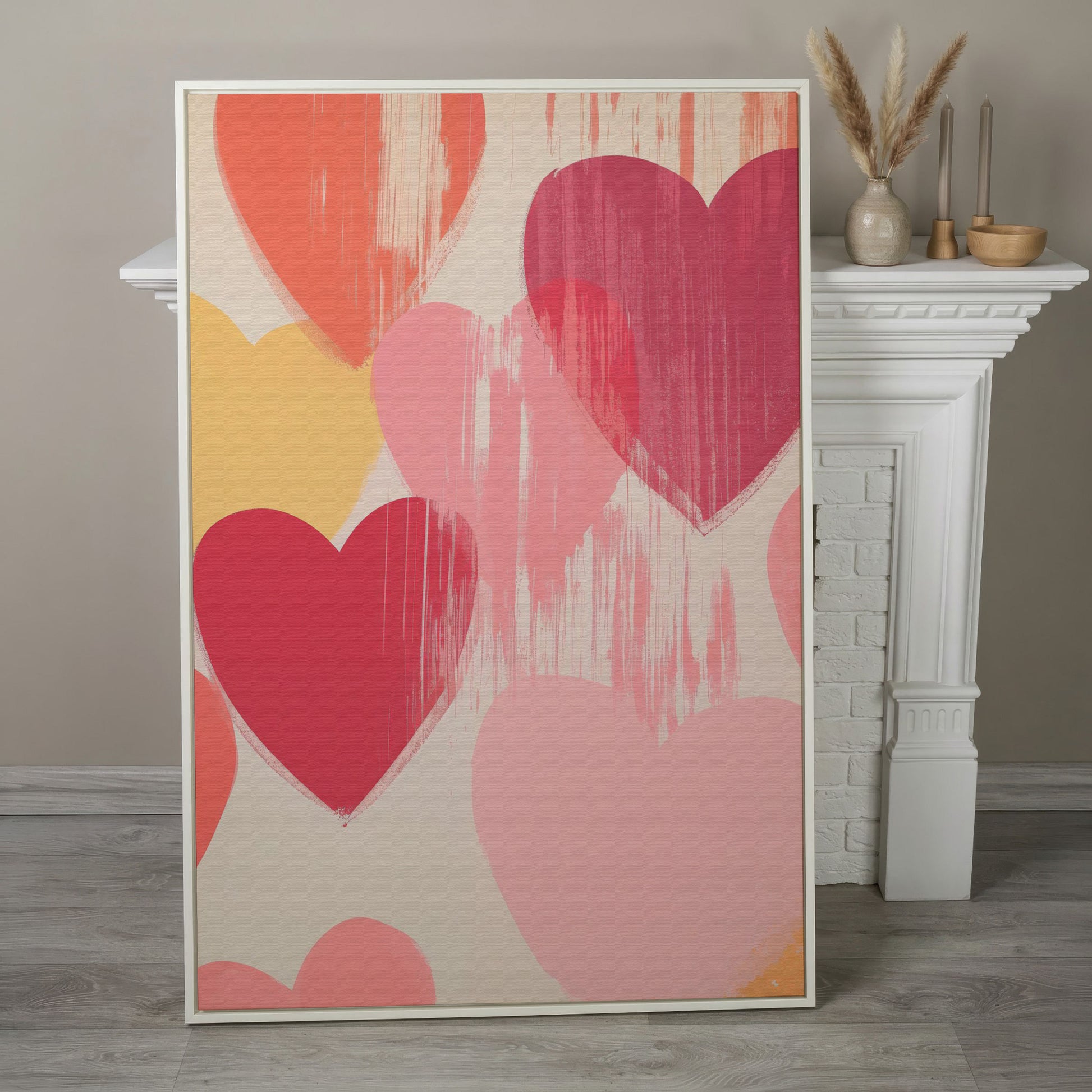 Pastel Hearts Canvas Print in Blush, Salmon & Gold in white floating frame